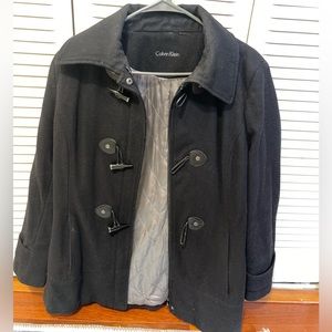 Women’s wool Calvin Klein mid-length, hook button peacoat with detachable hood